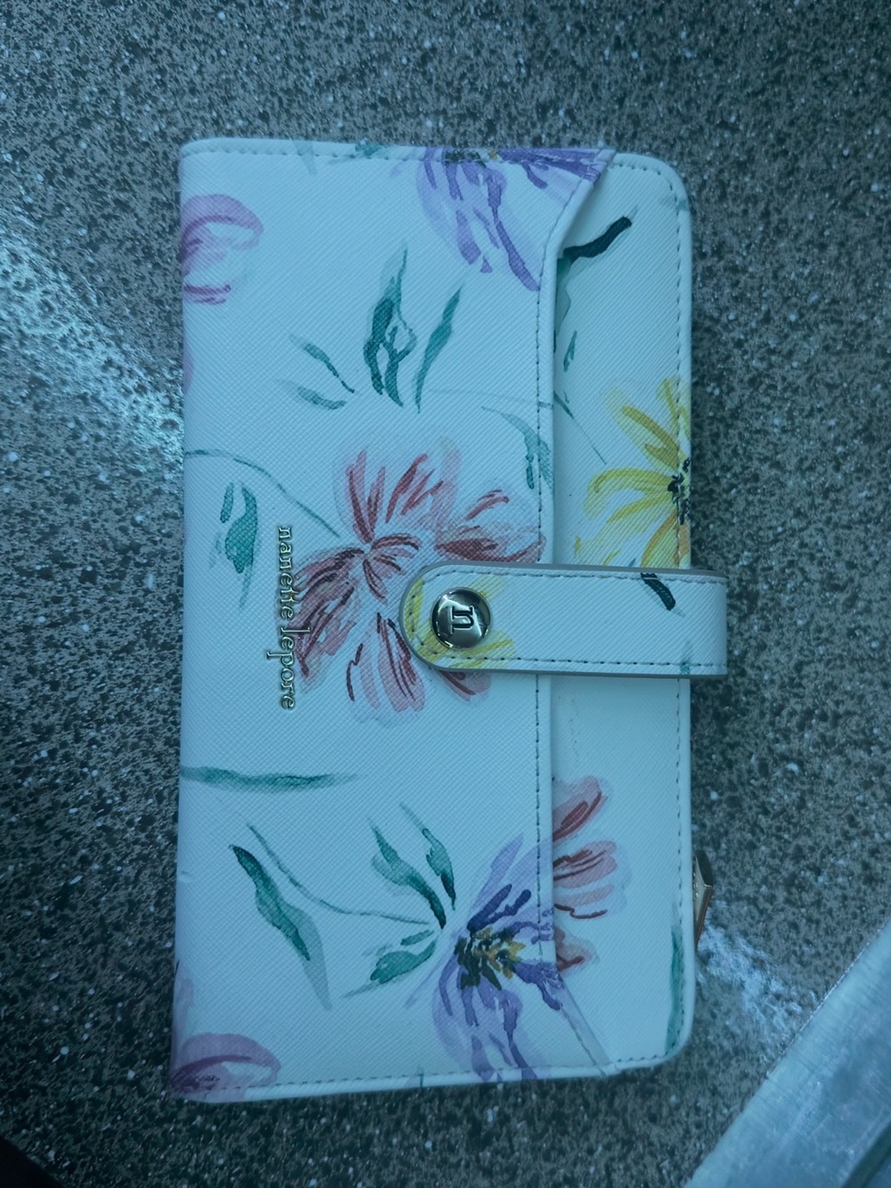 Nanette Lepore White Floral Phone Wallet Case with Pink, Purple, Yellow Accents